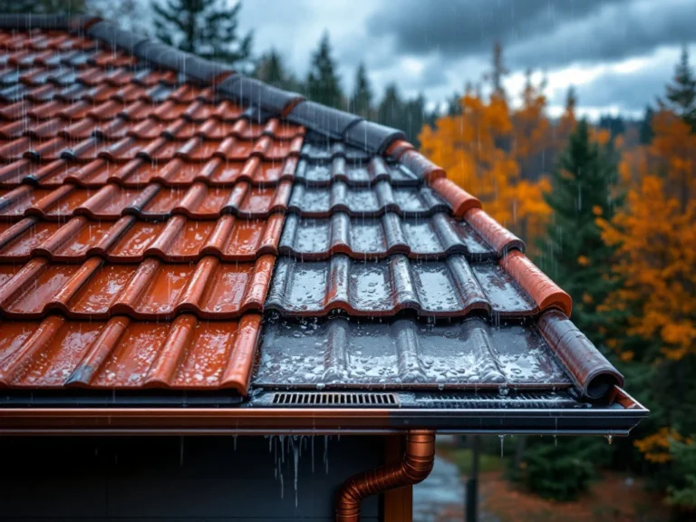 Suomalaisen omakotitalon katon kulma sateessa: hyvin hoidetut räystäskourut ohjaavat vettä pois, mutta vasemmalla näkyy vesivaurion merkkejä syksyisessä maisemassa.