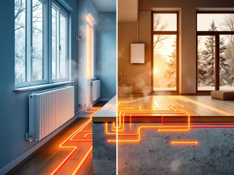 Moderni suomalainen koti kahdella lämmitysratkaisulla: lämpöpatterit ikkunoiden alla ja lattialämmitys lattian rakenteissa, seinällä ilmalämpöpumppu.