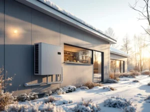 Moderni suomalainen omakotitalo, jossa lämpöpumppu ja kaukolämpöliitäntä. Tekninen tila näkyy ikkunasta, ulkona pakkasaamu lumen peittämällä pihalla.