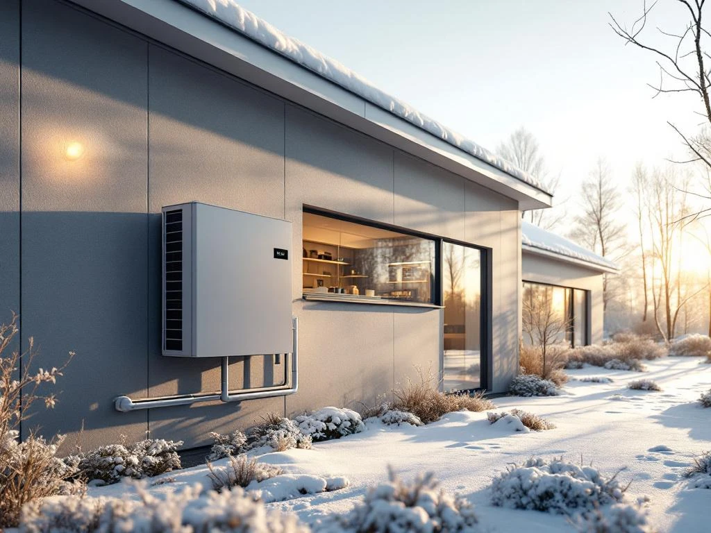 Moderni suomalainen omakotitalo, jossa lämpöpumppu ja kaukolämpöliitäntä. Tekninen tila näkyy ikkunasta, ulkona pakkasaamu lumen peittämällä pihalla.