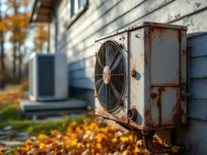 Kulunut ilma-vesilämpöpumppu suomalaisen kodin seinällä näkyvin ruostumis- ja jäätymismerkein. Taustalla uusi laite syksyisessä ympäristössä.