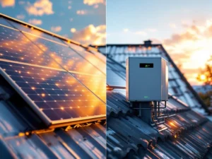 Moderni suomalainen koti aurinkopaneeleilla ja lämpöpumpulla katolla, sähkövirtavisualisointi yhdistää järjestelmät