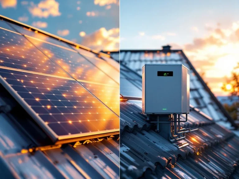 Moderni suomalainen koti aurinkopaneeleilla ja lämpöpumpulla katolla, sähkövirtavisualisointi yhdistää järjestelmät