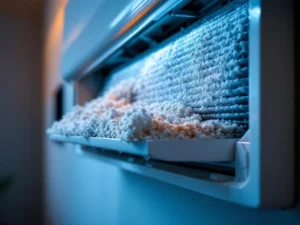 Lämpöpumpun sisäyksikön likainen ilmansuodatin poistetaan huollossa, pölyä ja roskia näkyvillä