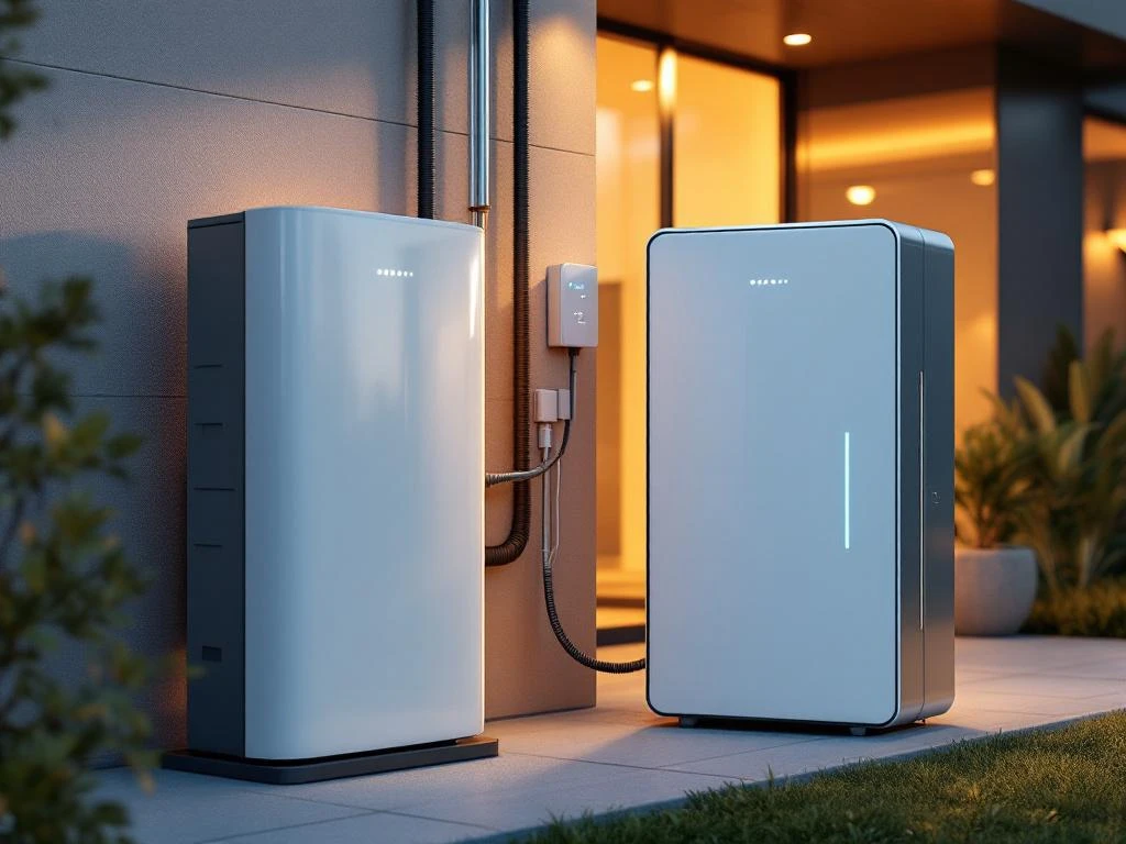 Moderni valkoinen lämpöpumppu kytketty älykkääseen energian varastointijärjestelmään asuinrakennuksen seinustalla