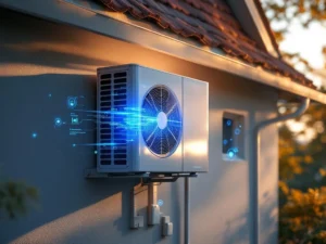 Moderni valkoinen lämpöpumppu seinässä sinisillä älykäs-ohjaimilla ja energiatehokkuusvisualisoinneilla