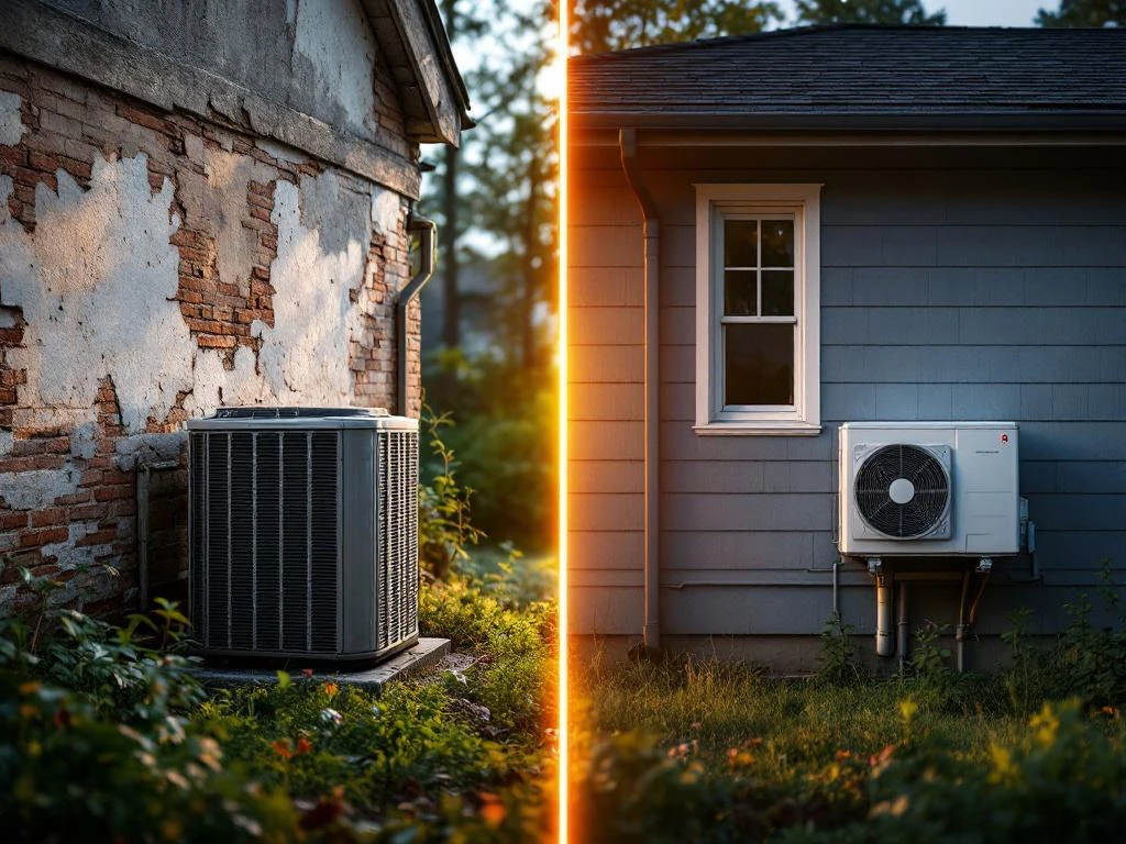 Vanha huonosti asennettu lämpöpumppu vasemmalla verrattuna moderniin ammattimaisesti asennettuun lämpöpumppuun oikealla