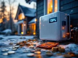 Moderni lämpöpumppu COP-arvoilla näytössä suomalaisen talon edessä, kultaisia kolikoita etualalla kustannuslaskentaa varten