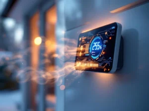 Moderni lämpöpumpun digitaalinen ohjauspaneeli LED-valoilla ja kosketusnäytöllä valkoista suomalaista taloa vasten