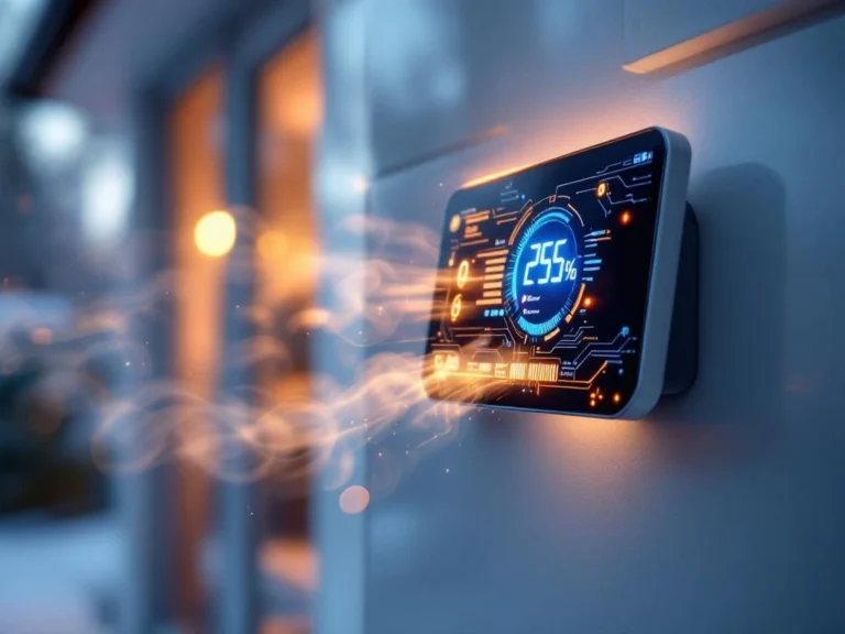 Moderni lämpöpumpun digitaalinen ohjauspaneeli LED-valoilla ja kosketusnäytöllä valkoista suomalaista taloa vasten