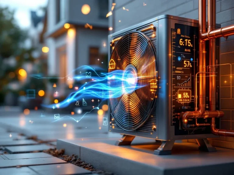 Moderni lämpöpumppu kupariputkineen, taustalla energiatehokkuuskaavioita ja sinisiä lämpöaaltoja