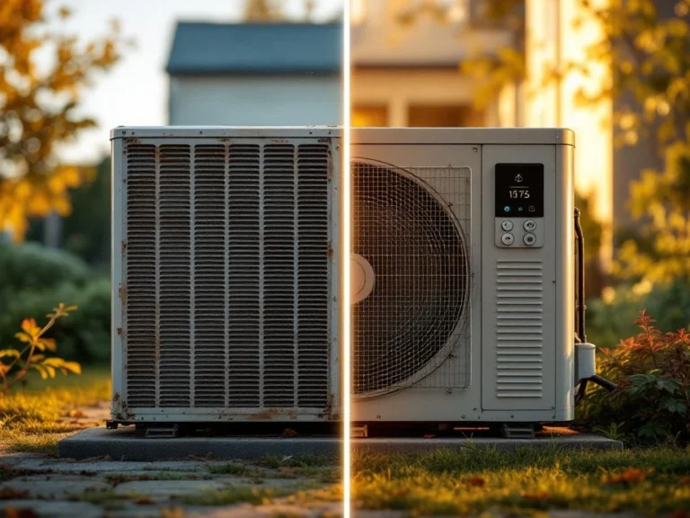 Vanha lämpöpumppu vasemmalla, kunnostettu lämpöpumppu oikealla asunnon sisätilassa ennen ja jälkeen -vertailu