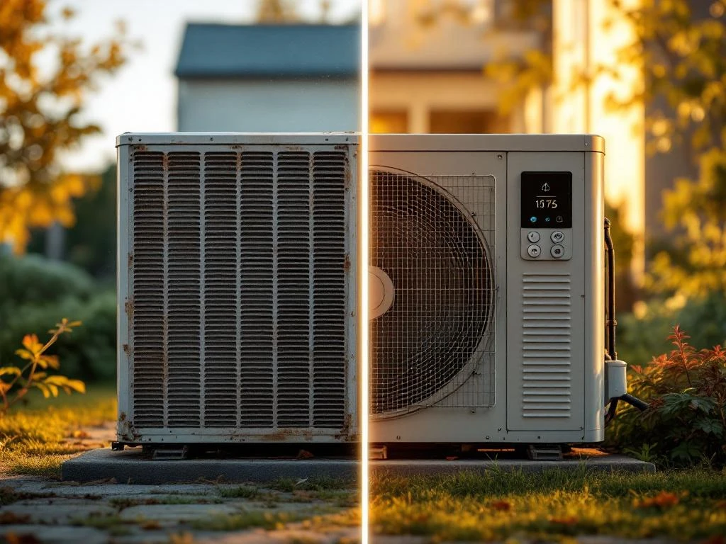 Vanha lämpöpumppu vasemmalla, kunnostettu lämpöpumppu oikealla asunnon sisätilassa ennen ja jälkeen -vertailu