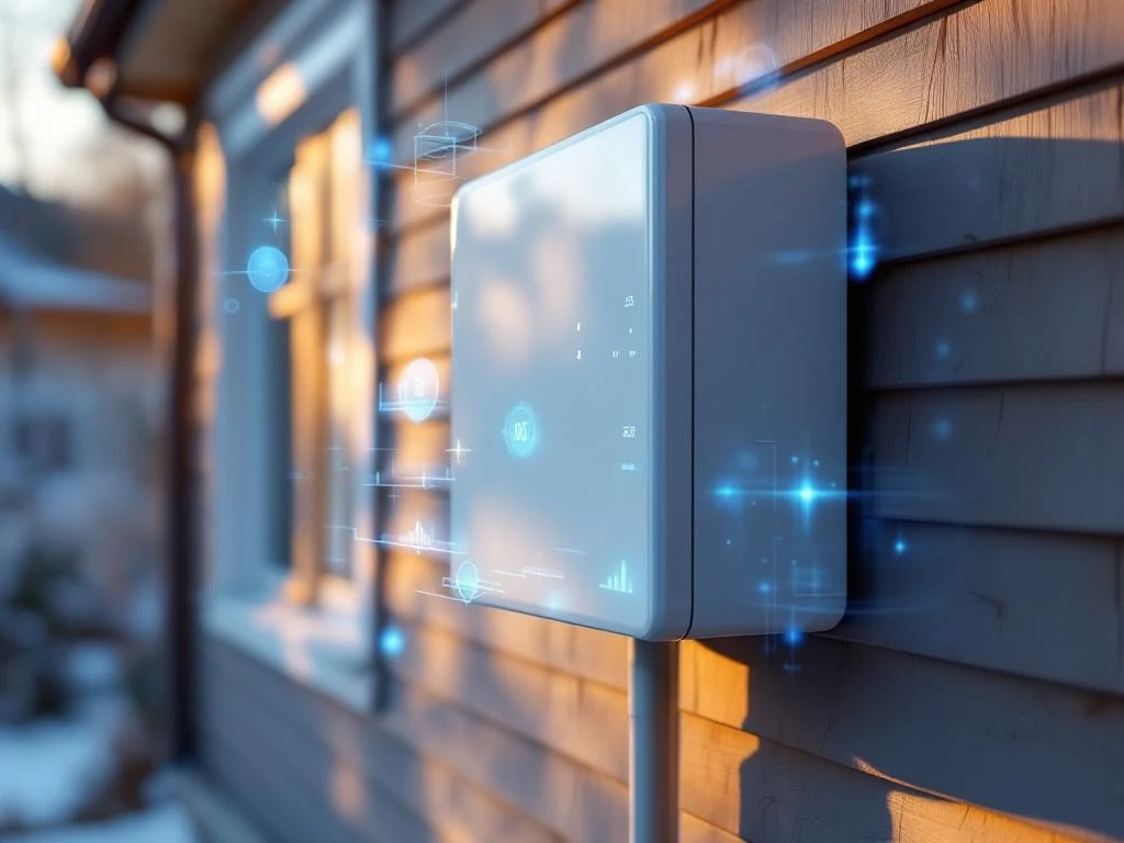 Moderni valkoinen lämpöpumppu seinässä digitaalisilla seurantaindikaattoreilla, suomalaisen puutalon edessä kultaisessa illonvalossa