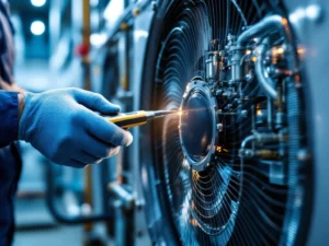 Lämpöpumpun höyrystin lähikuvassa, teknikon käsineet ja diagnostiikkatyökalut näkyvissä huollon aikana