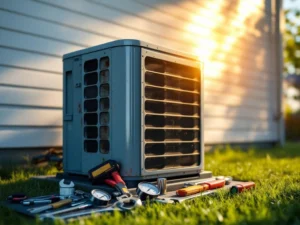 Lämpöpumppu talon seinää vasten, huoltotyökaluja nurmikolla, viittaa korjaustarpeeseen