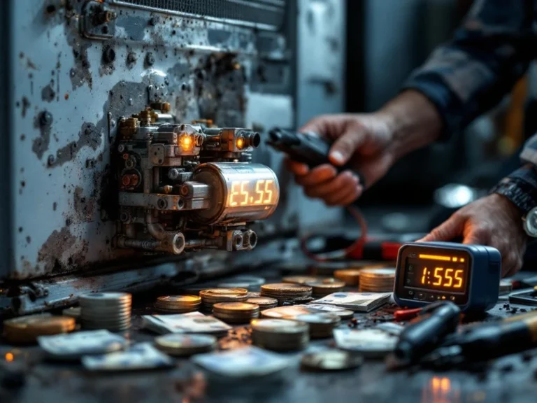 Lämpöpumpun huoltoteknikko pitää varaosia kuluneen laitteen edessä, euro-seteleitä ja mittareita näkyvillä