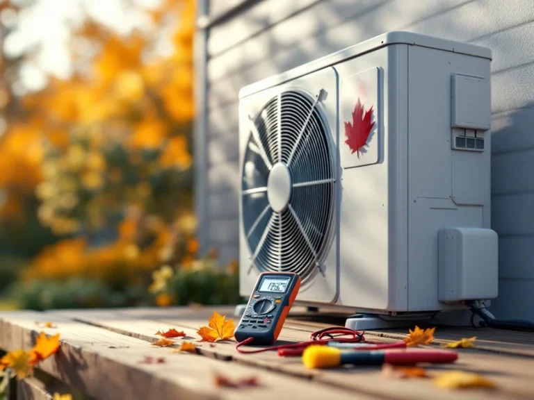 Valkoinen lämpöpumppu seinässä auringonvalossa, etualalla huoltotyökaluja ja digitaalinen mittari