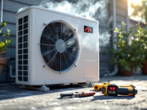 Valkoinen lämpöpumppu höyryää ja näyttää punaista varoitusta, HVAC-työkaluja betonilla lähistöllä