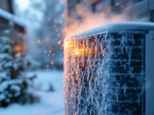 Lämpöpumppu jäässä ja huurressa sulamisjakson aikana, höyryä nousee ulkoyksikön keloista talvella