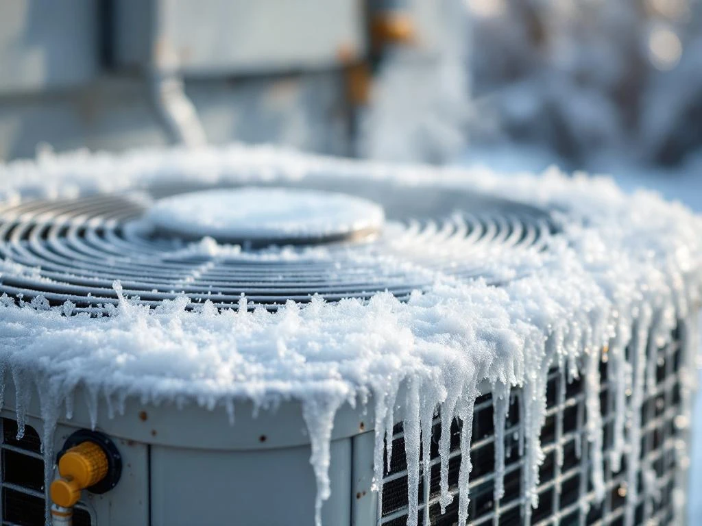 Jäätynyt lämpöpumppu ulkona, jäätä ja huurretta puhaltimen ja lämmönvaihtimen ympärillä, höyryä nousee sulamisesta