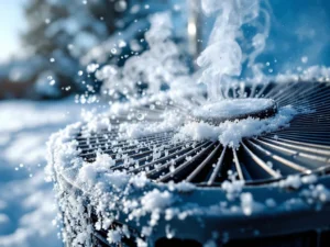 Jäätynyt lämpöpumppu talvella, jossa höyryä nousee sulamismekanismista ja jääkiteitä puhaltimen siivissä