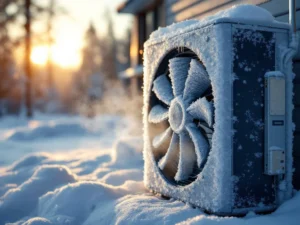 Jäätynyt ilmalämpöpumppu ulkoyksikkö talvimaisemassa, höyryä nousee laitteesta, moderni talo taustalla