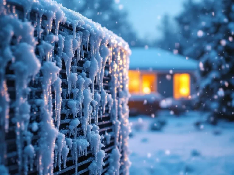 Jäätynyt lämpöpumppu pakkasilmassa lumisateessa, taustalla lämmin koti kultaisine ikkunoineen hämärässä talvi-illassa