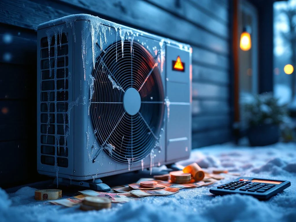 Jäätynyt lämpöpumppu varoitusmerkeillä suomalaisen talon seinällä, etualalla eurosetelit ja laskin taloussuunnittelua varten