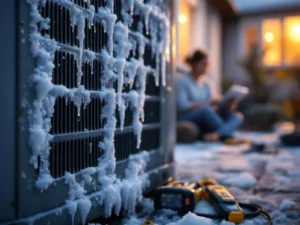 Jäätynyt lämpöpumppu ulkoyksikkö huurretta täynnä, taustalla huolestunut asunnonomistaja tarkistaa laskuja tabletilla