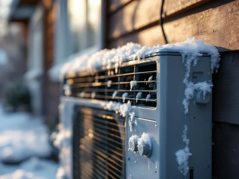 Lämpöpumppu jäätymisongelman kanssa suomalaistalossa, huurre ja jääkiteet näkyvissä tuuletusaukoissa ja liitännöissä