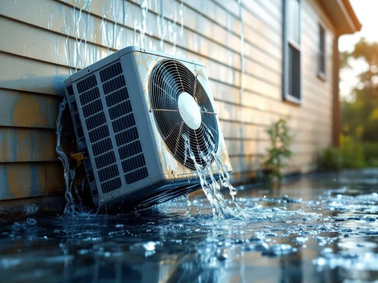 Väärin asennettu lämpöpumppu kallistuneena talon seinää vasten, vesivahinko ja kosteusjäljet näkyvissä