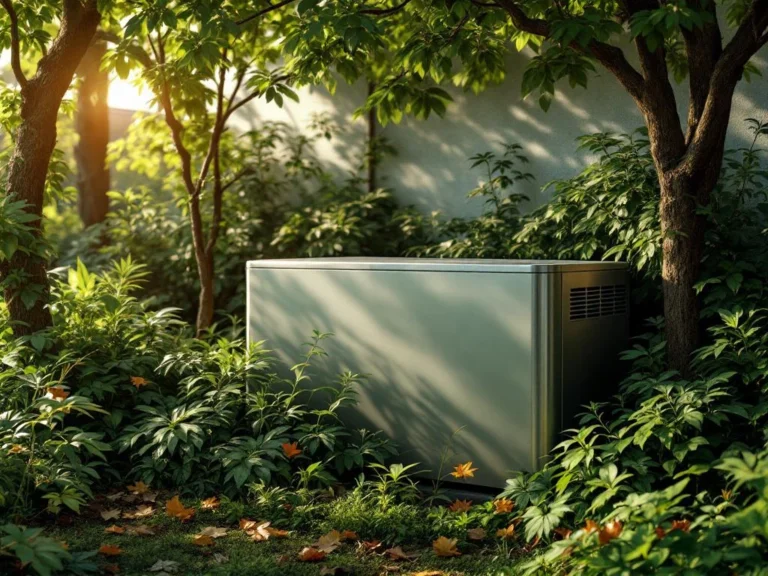 Lämpöpumppu asuinalueen takapihalla, jossa tiheä kasvillisuus tukkii ilmanvaihtoaukkoja ja lehtiä on kertynyt ympärille