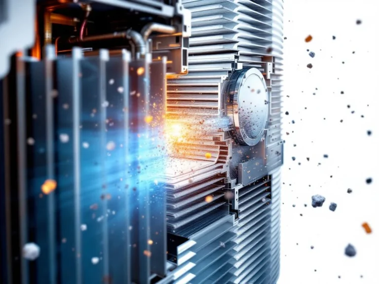 Lämpöpumpun sisäinen kelasystem poikkileikkauksessa, jossa näkyy alumiinisiivet ja pölyhiukkasia ilmassa