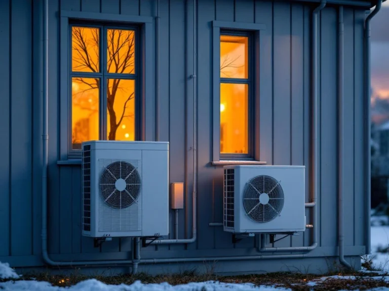 Kaksi lämpöpumppua asennettuna modernin talon seinälle, pienempi ja suurempi yksikkö vierekkäin kokoerot näkyvissä