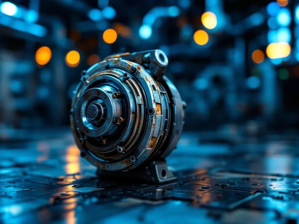 Lämpöpumpun kompressori lähikuvassa, jossa näkyy kulumisen merkkejä ja korroosioita, dramaaттinen valaistus