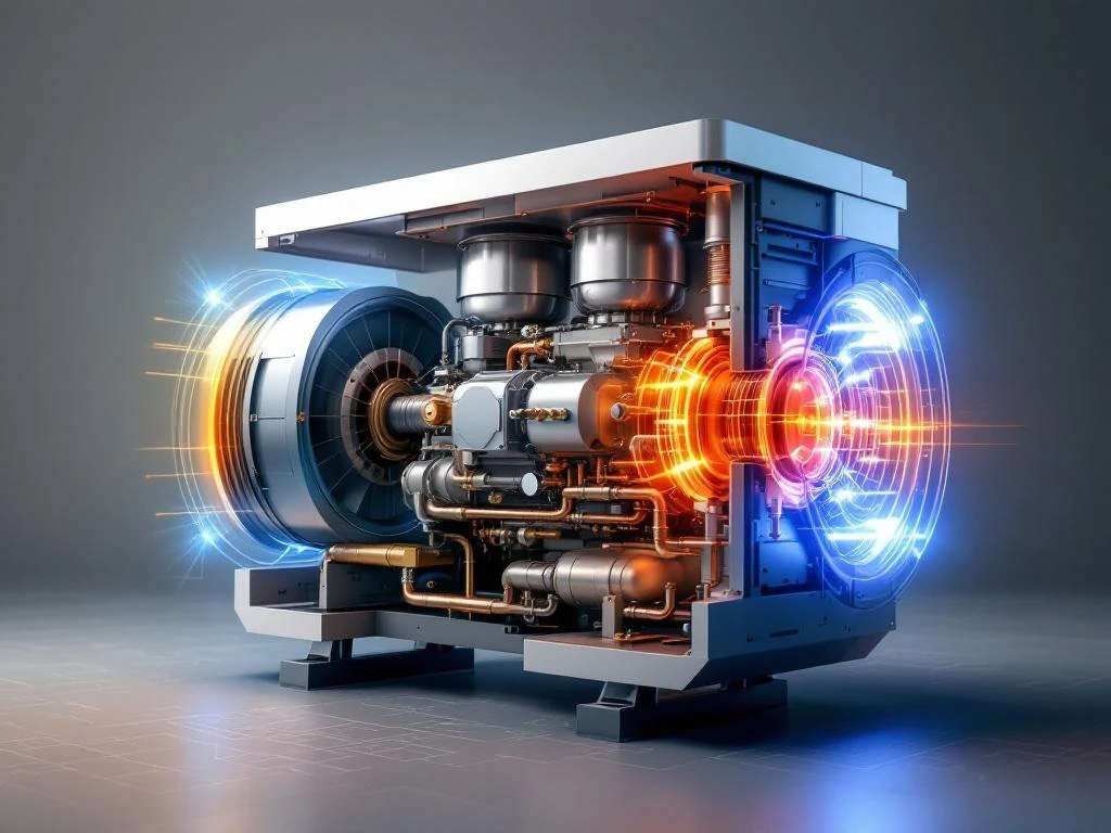 Lämpöpumpun kompressorin poikkileikkaus, jossa näkyy sisäiset mekaaniset osat ja putkilinjat sinisellä taustalla.