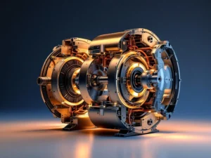 Lämpöpumpun kaksivaiheisen kompressorin poikkileikkaus, jossa näkyy metalliset männät ja kylmäaineletkut sinivalkoisella taustalla