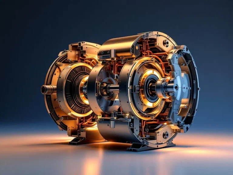 Lämpöpumpun kaksivaiheisen kompressorin poikkileikkaus, jossa näkyy metalliset männät ja kylmäaineletkut sinivalkoisella taustalla