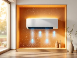 Lämpöpumppu seinällä poistaa kosteutta puupinnoilta ja huonekaluista modernissa suomalaisessa kodissa