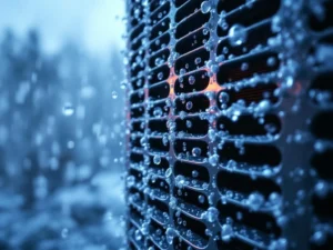 Lämpöpumppu, jossa vesipisaroita ja huurrettä, heikennetty tehokkuus sateisessa säässä