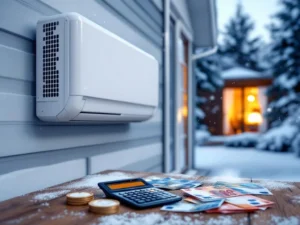 Valkoinen lämpöpumppu talon seinässä, etualalla laskin ja euroseteleitä pöydällä, taustalla lämmin koti-ikkunanäkymä