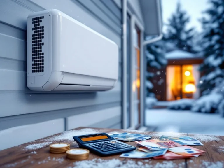 Valkoinen lämpöpumppu talon seinässä, etualalla laskin ja euroseteleitä pöydällä, taustalla lämmin koti-ikkunanäkymä