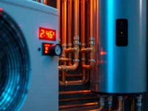 Lämpöpumppu ja lämminvesivaraaja yhteensopivuusongelman kanssa, putkiliitokset höyrystävät, punaiset varoitusmerkit