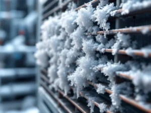 Jäätynyt lämpöpumpun lämmönvaihdin, jonka metalliset rivoitukset ovat tukkeutuneet kuurrasta ja jääkiteistä