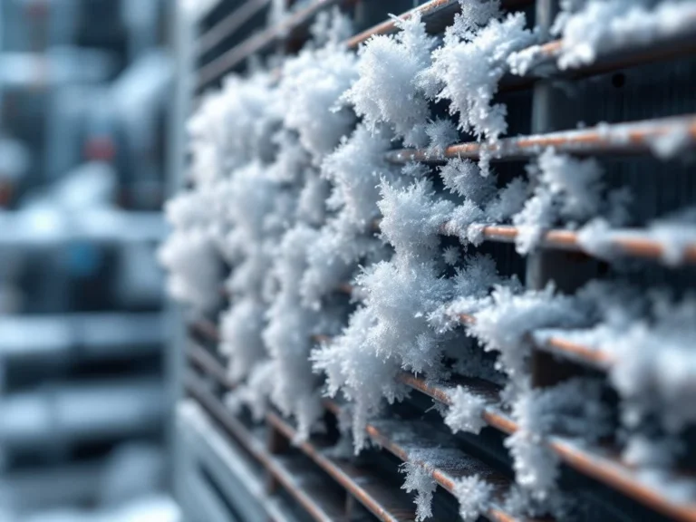 Jäätynyt lämpöpumpun lämmönvaihdin, jonka metalliset rivoitukset ovat tukkeutuneet kuurrasta ja jääkiteistä