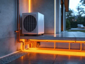 Lämmitysjärjestelmän poikkileikkaus: lämpöpumppu yhdistetty lattialämmitykseen, kultainen hehku lämmitysputkissa