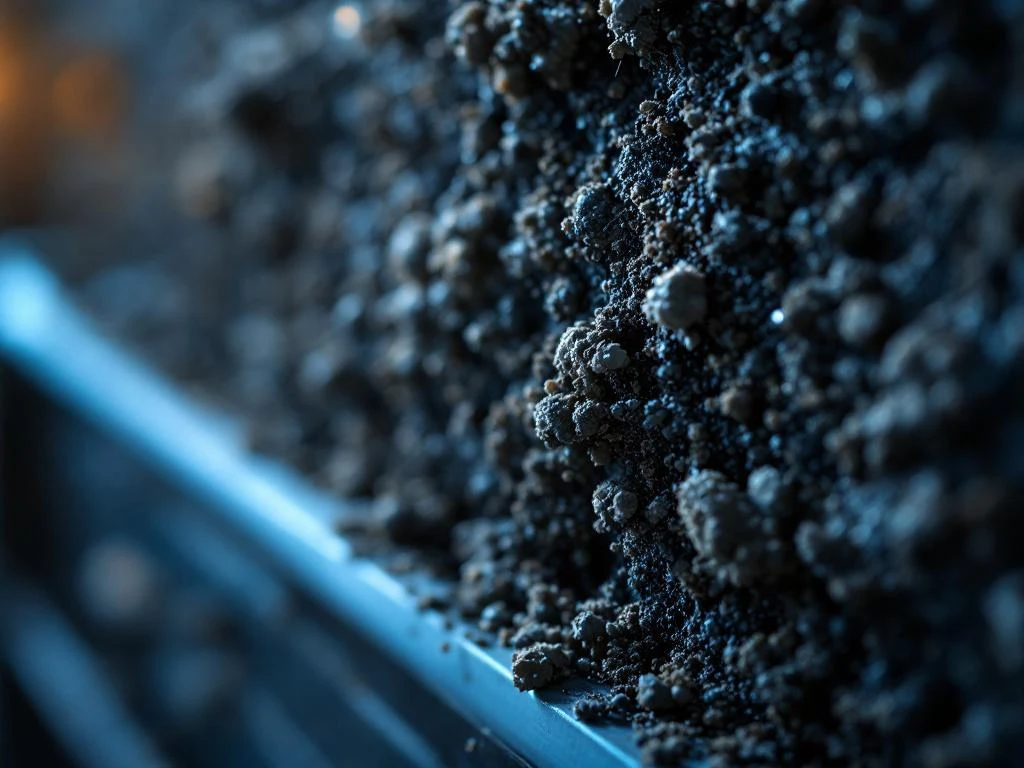 Likainen ja tukkeutunut lämpöpumpun ilmansuodatin, jossa näkyy pölyä ja roskia verkkopinnalla