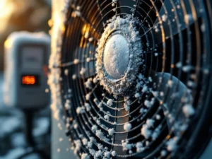 Lämpöpumpun ulkoyksikön likainen, jäätynyt tuuletin lähikuvassa, taustalla sähkömittari näyttää nousevia lukemia