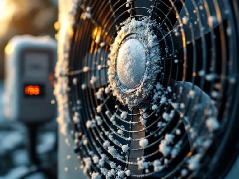 Lämpöpumpun ulkoyksikön likainen, jäätynyt tuuletin lähikuvassa, taustalla sähkömittari näyttää nousevia lukemia
